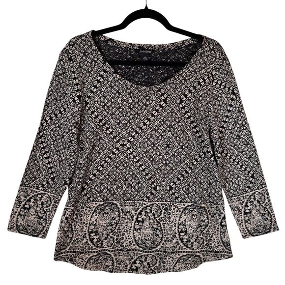 Lucky Brand Tops - Lucky Brand Knit Top Size L Black White Floral Mixed Print Cotton‎ Boho